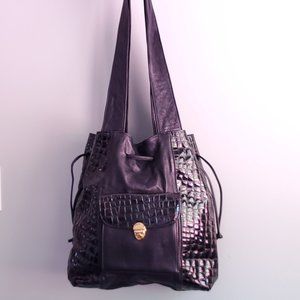 Stylish leather black crocodile skin pattern shoulder tote handbag, new